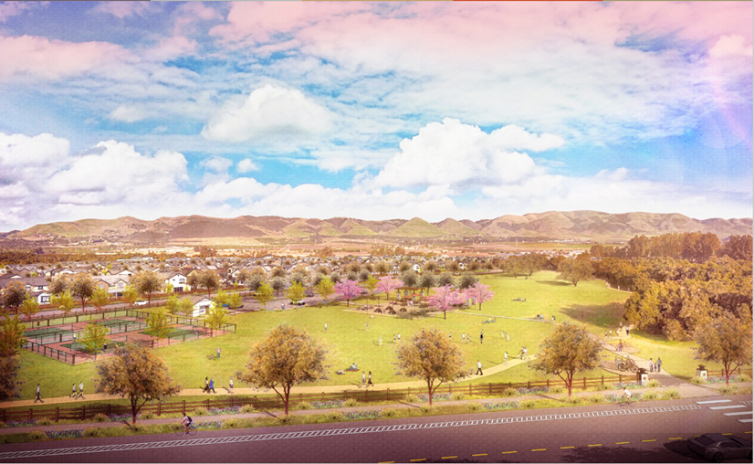 Artists rendering from Dana Reserve Specific Plan showing a neighborhood park with residents strolling in the foreground and homes in the background. Click to view article, The Board of Supervisors will consider the 2024 Dana Reserve Specific Plan on April 23 and 24, 2024.