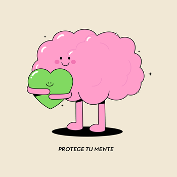 Cartoon brain hugging a cartoon heart with text overlay that reads protege tu mente..