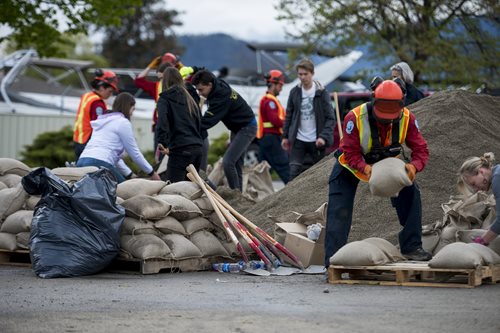 A group of workers filling sandbags