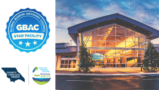 GBAC STAR™ Certification Logo and San Luis Obispo County Terminal Click to view article, SBP Earns International Cleaning and Safety Accreditation