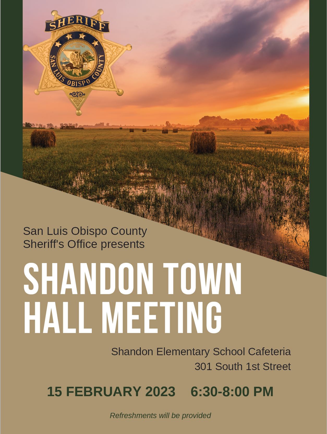 SLO Sheriff Office Shandon Town Hall - 15 Feb 2023 -  6:30-8:00 - Shandon Elem Cafeteria - 301 South 1st