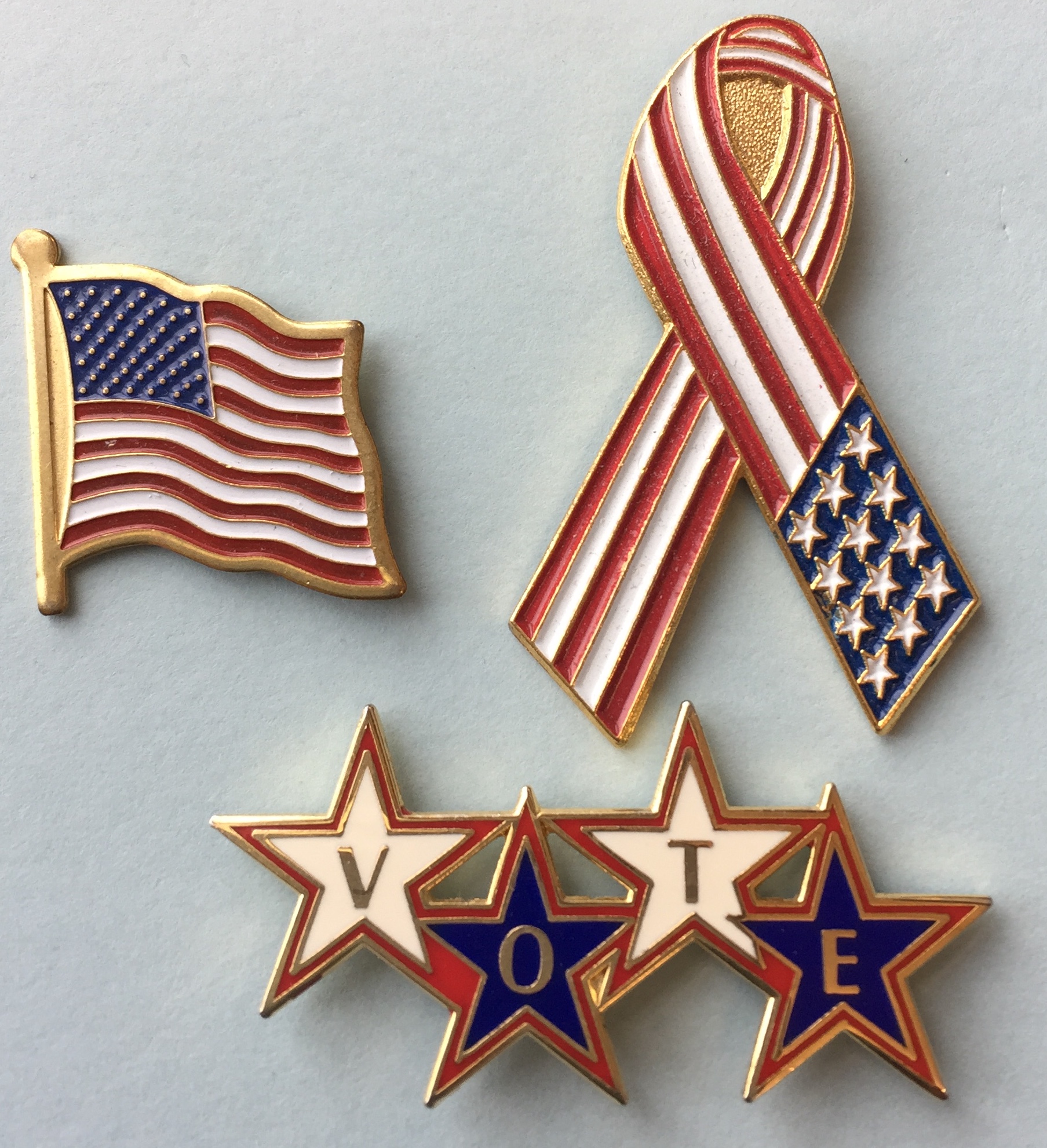Pins: American Flag, Red-White-Blue Ribbon, VOTE
