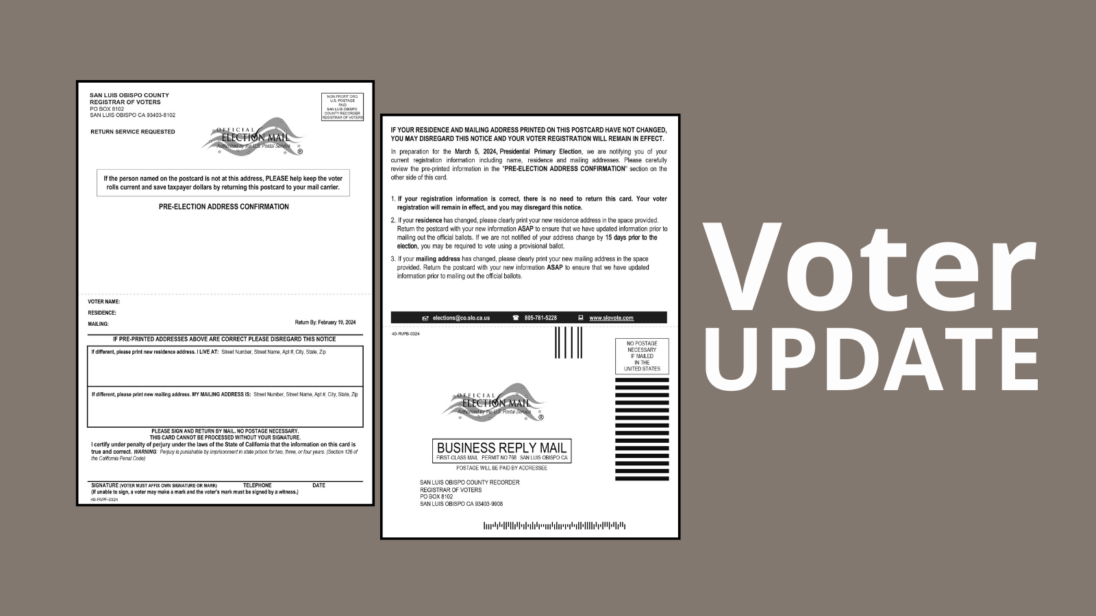 An image of a postcard that contains address confirmation information next to text that reads Voter Update