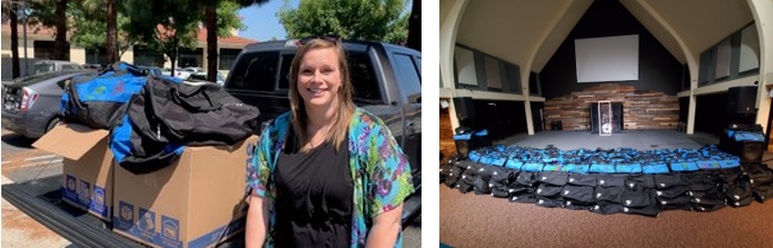 Woman by truck of donations Click to view article, Local Church Donates Essential Supplies for Local Foster Youth