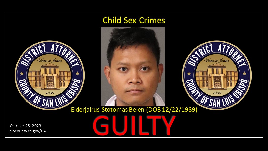 Booking Photo (10/24/2023) Elderjairus Stomtomas Belen DOB 12/22/1989) Click to view article, A San Luis Obispo County jury found Elderjairus Stomtomas Belen guilty of 11 counts of engaging in sex acts with two child victims over a five-year period