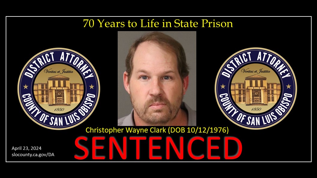 Booking Photo 09/16/2023 Christopher Wayne Clark (DOB 10/12/1976) Sentenced Click to view article, Christopher Wayne Clark (47) of Atascadero sentenced to 70 years to life for long term molestation of two child victims
