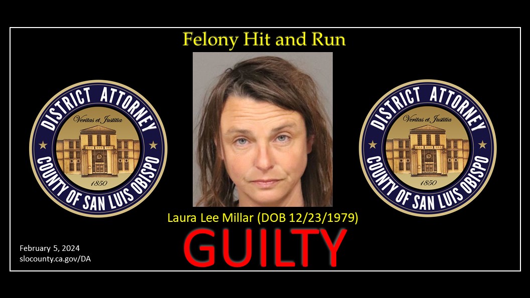 Booking Photo (2/24/2023) Laura Lee Millar (DOB 12/23/1979) Guilty Click to view article, Jury Convicts Laura Lee Millar of felony hit and run striking a police officer and driving under the influence causing injury