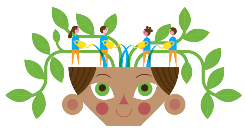 Picture is depicting community collaboration to shape new ideas by showing a group watering plants that growing in the mind of another person. 