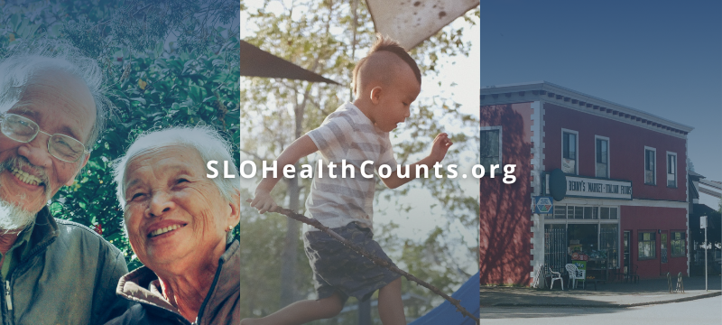 Three panels with an older couple smiling with coats on, a young boy running playfully under trees, and a store front on a quiet street under blue skies. Click to view article, 2023 Community Health Assessment Puts SLO County Health Data Front and Center