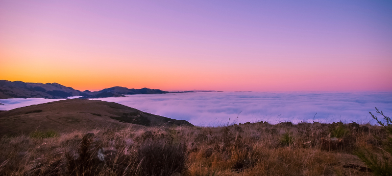 Twilight sky and thick fog rolling into a valley near San Luis Obispo.