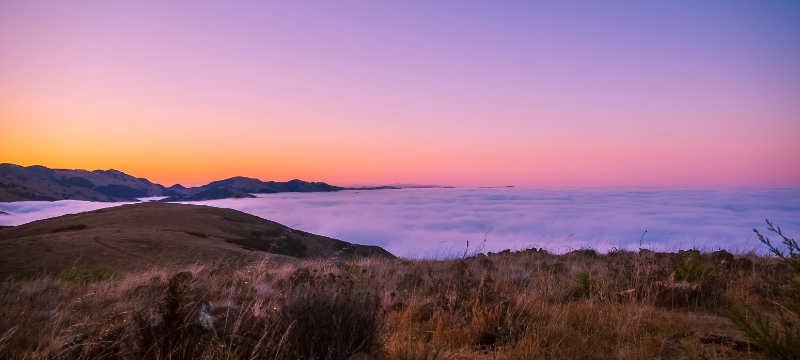 Tall, dark rolling hills with a blanket of fog nestled between them, the sky pink and orange at dusk time.
