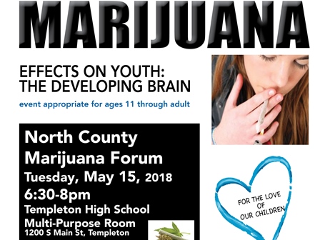 Teen smoking with text overlay that reads Marijuana Effects on Youth the Developing Brain. Even appropriate for ages 11 through adult. North County Marijuana Forum, Tuesday, May 15, 2018.