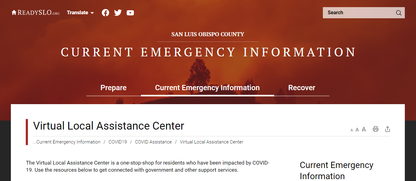 A screen shot of our virtual local assistance center webpage