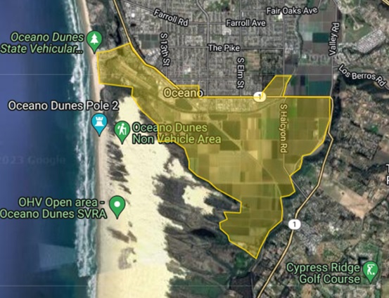Map of Oceano Area Under Evac Warning Click to view article, Evacuation Warning Issued for Oceano Residents as Flooding is Expected Along Arroyo Grande Creek