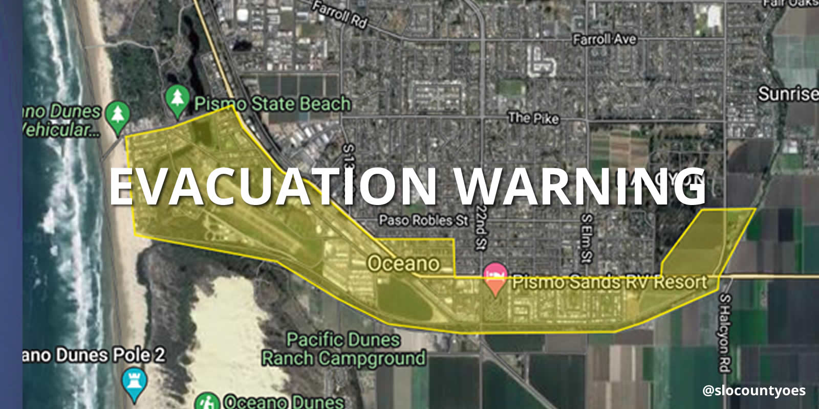 Map Showing Oceano with Evacuation Warning text