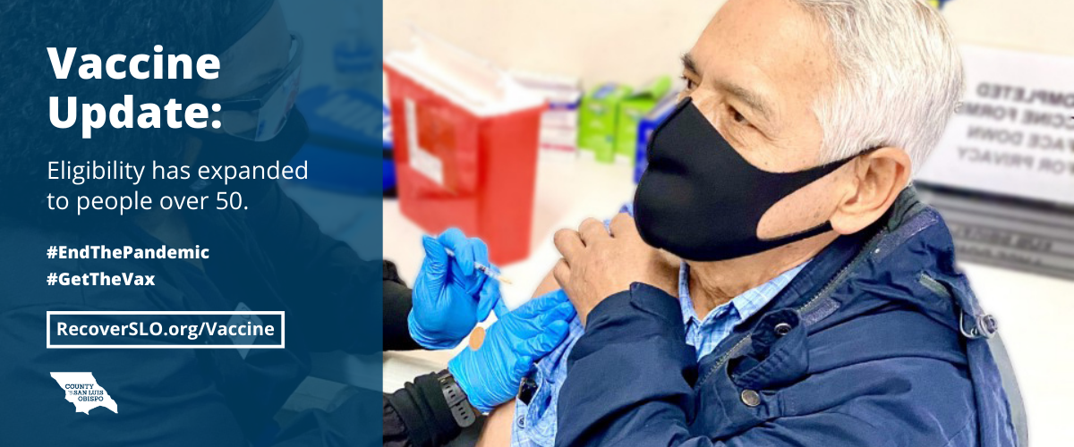 Vaccine Update: Eligibility has expanded to people over 50. Image of male wearing a mask getting vaccinated. 