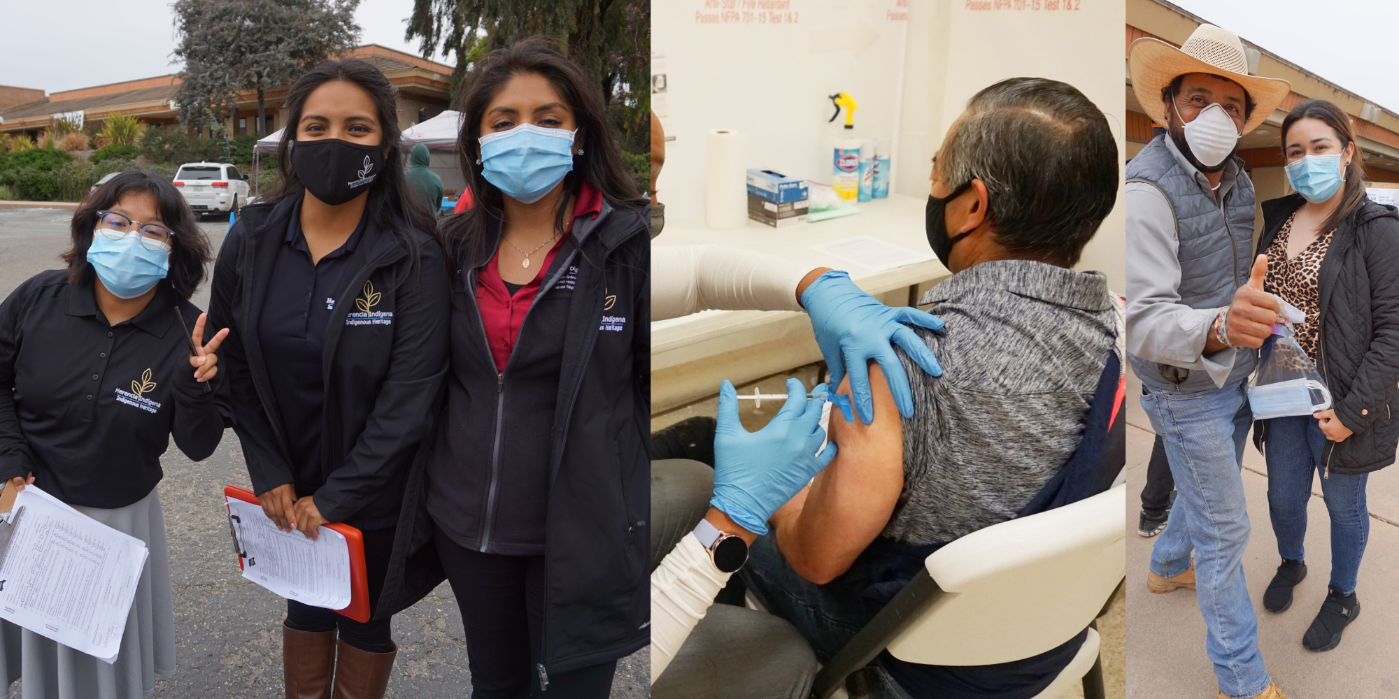 Three images side by side: Three Mixteco interpreters, a male getting a shot, and a male farmworker giving a thumbs up next to a female