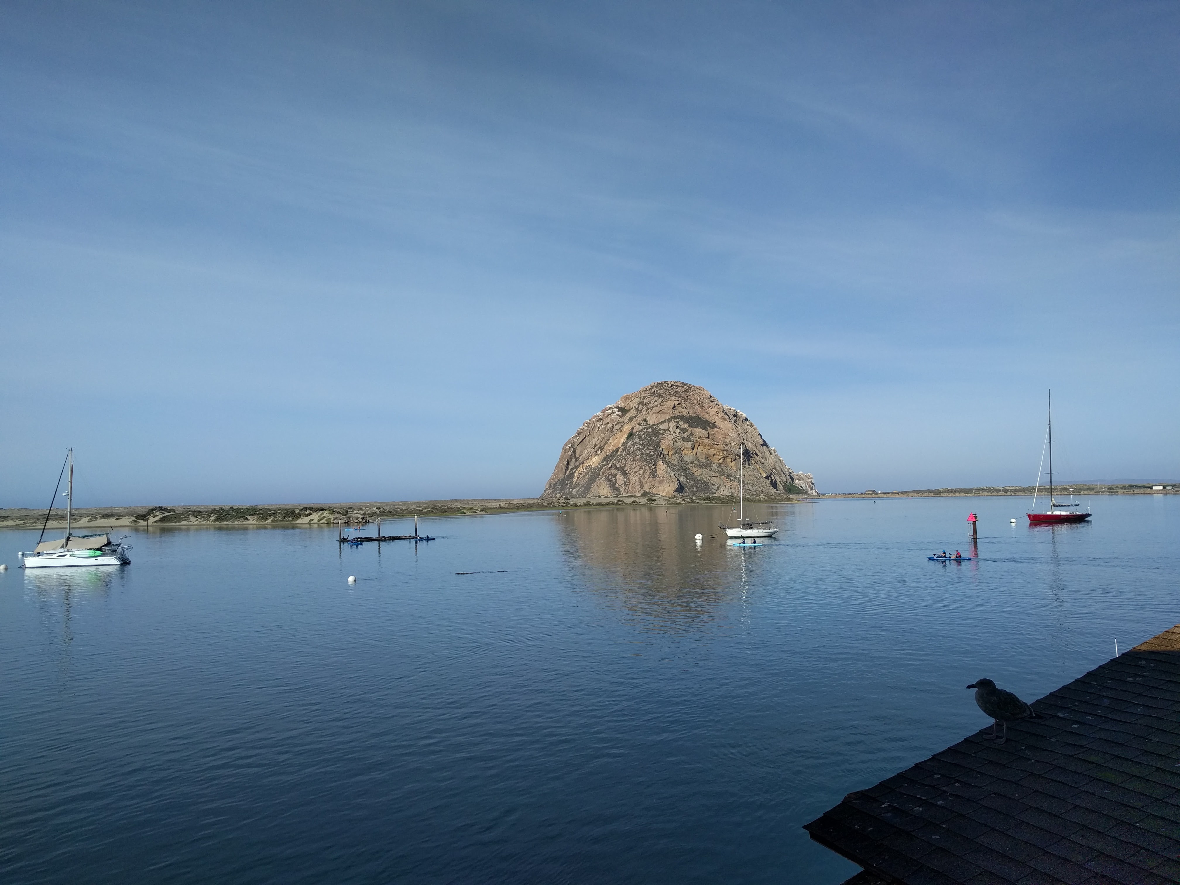 Harbor with boats in it in the foreground. Morro Rock in the background.