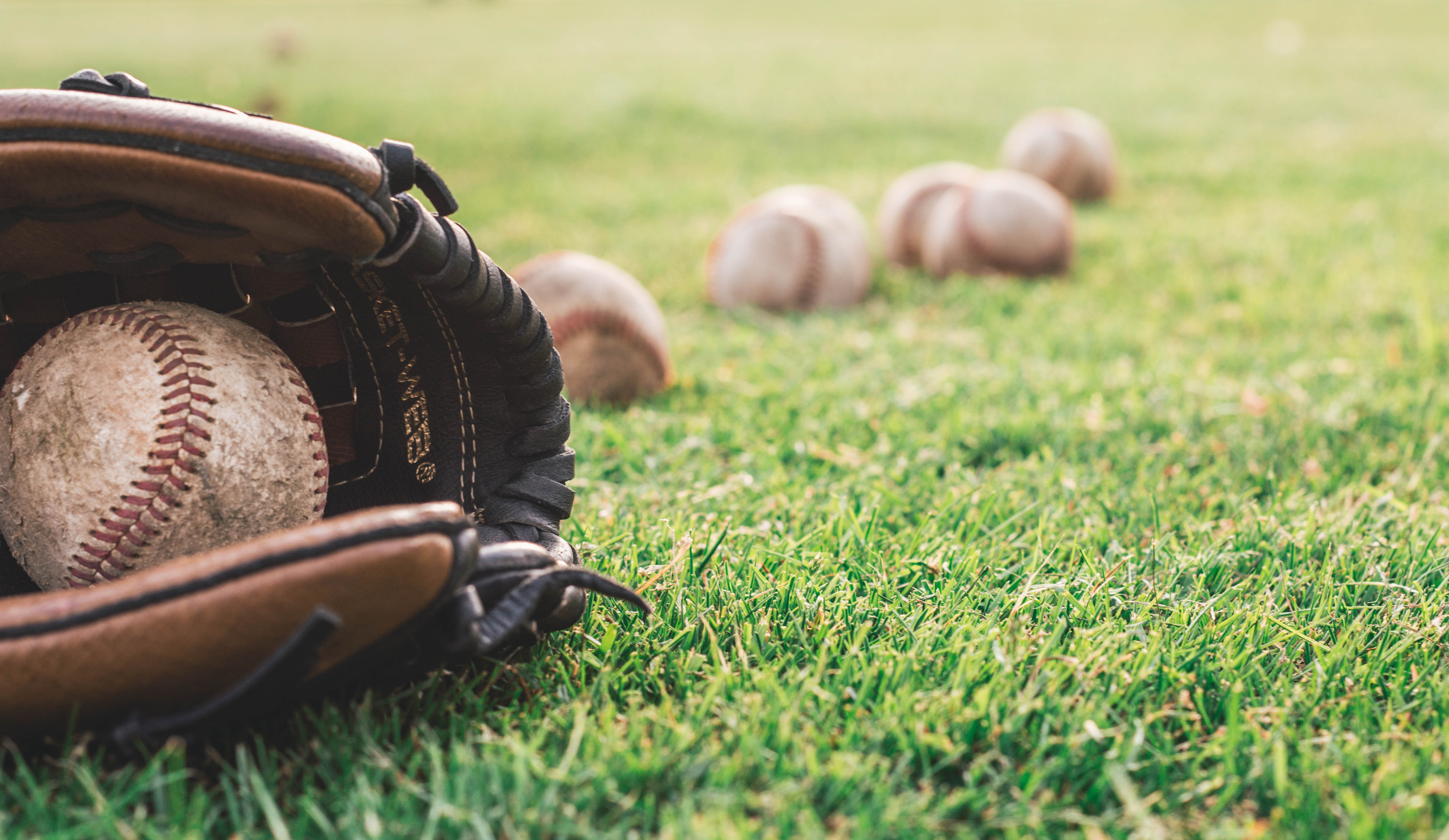 Baseball in baseball glove laying on grass in the foreground with 5 balls in the background.