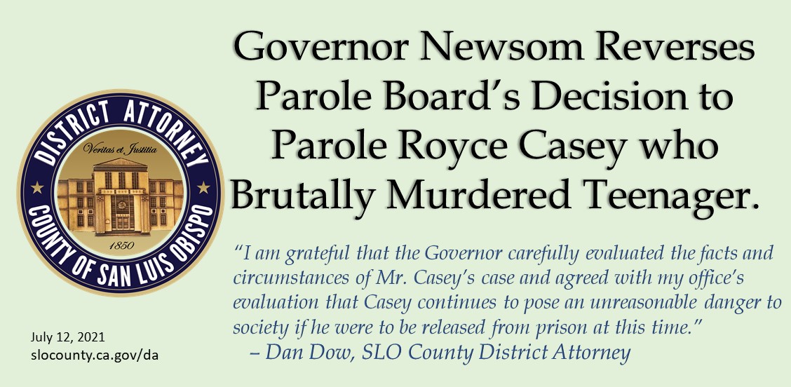 Governor Reverses Parole Board's Decision to Parole Convicted Murderer Royce Casey who Murdered Teen Elyse Pahler in 1995.