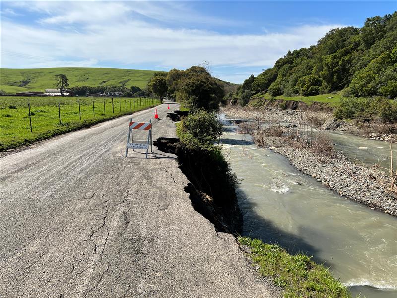 Road beside creek damaged and crumbling Click to view article, Daily Closures on San Simeon Creek Road During Repairs
