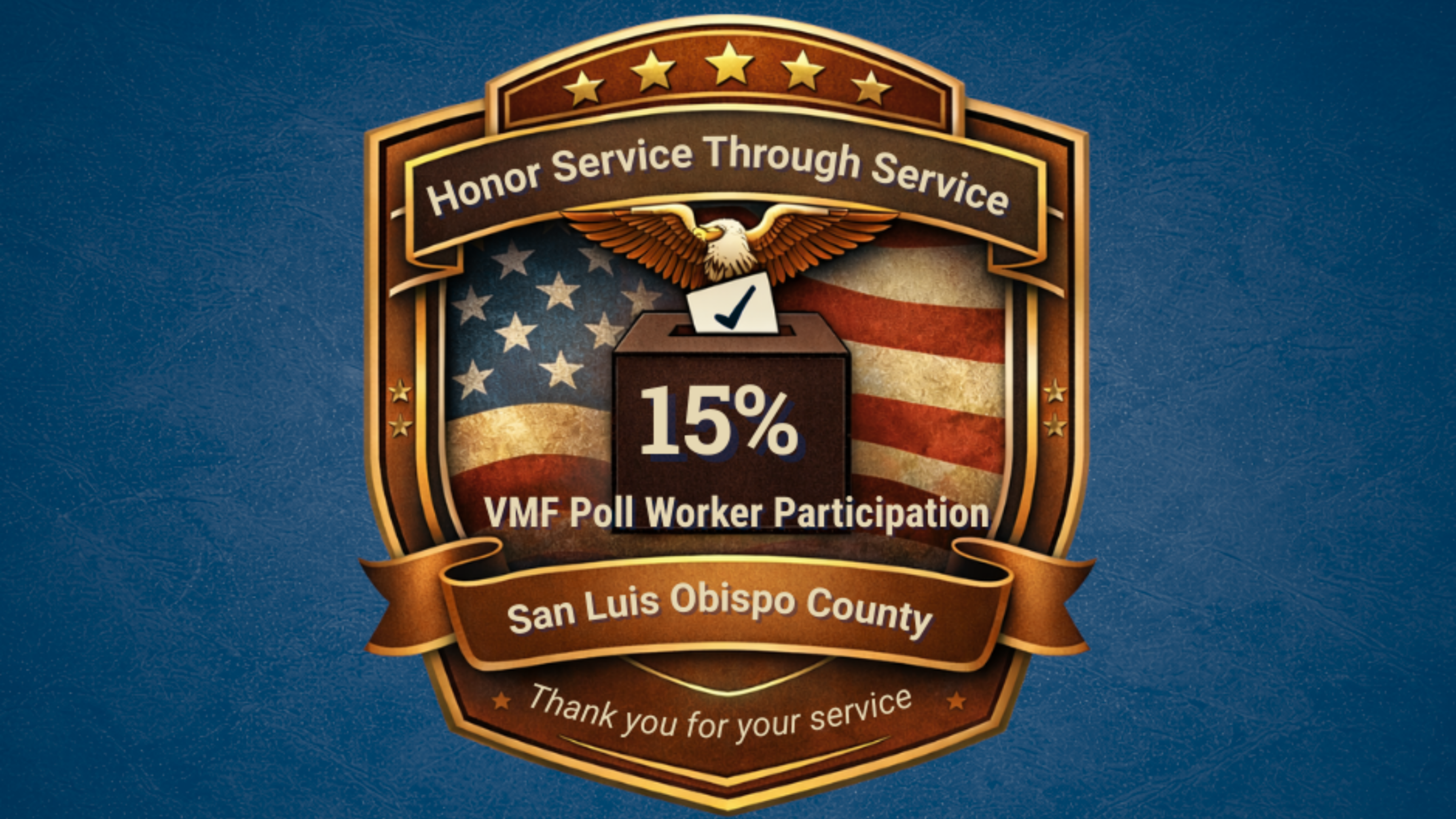 Badge showing 15% VMF poll worker participation in San Luis Obispo County with American flag background and eagle emblem.