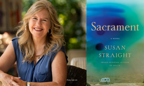 Author Susan Straight sitting next to a cover of their new novel titled, "Sacrament".