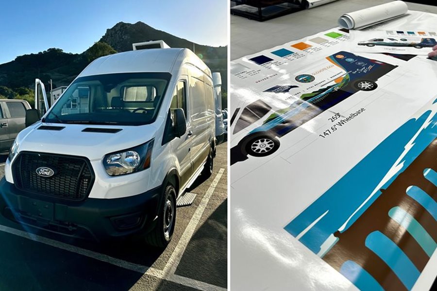 A white van in a parking lot alongside an image of colorful graphics on a worktable