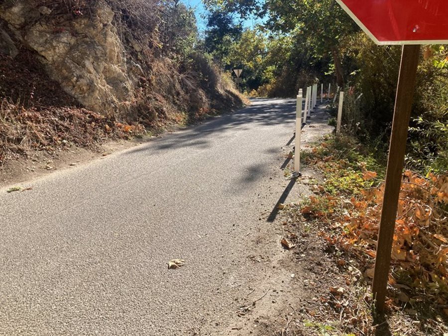 Narrow paved road curving through a wooded, rocky hillside, with white roadside posts lining the right edge and dry autumn leaves along the shoulder.