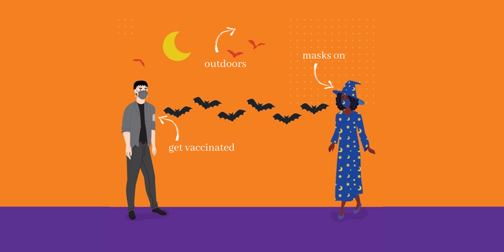 Halloween graphic showing two masked, costumed people