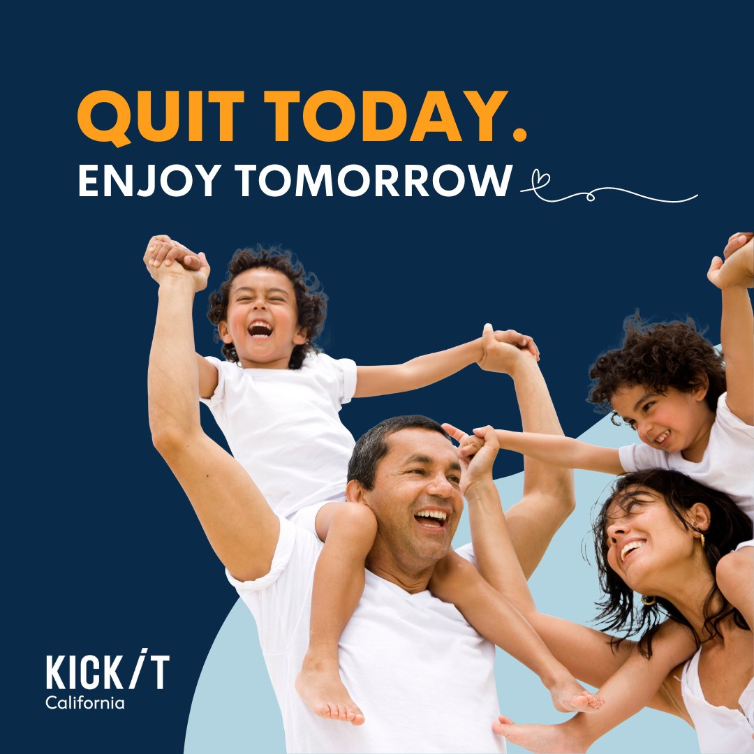 Young family looking joyous, two kids on the shoulders of the couple. "Kick it California"