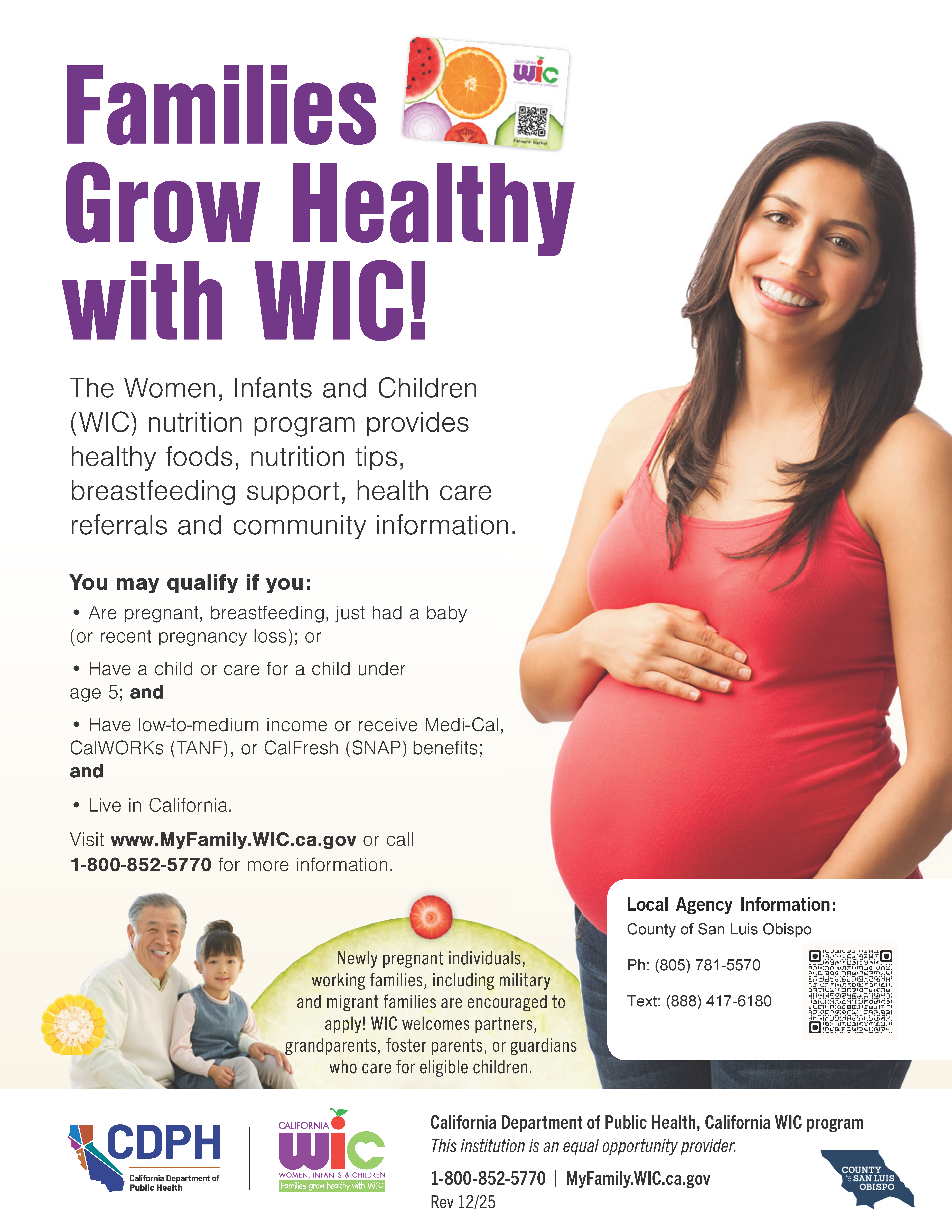 Pregnant women with hand on her stomach and grandfather with grandchild on his lap. Promoting WIC services