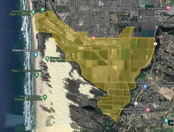 Map in yellow of area under an evacuation warning Click to view article, Evacuation Warning for Residents Near the Arroyo Grande Levee - March 13, 2023