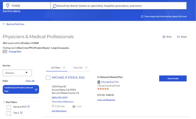 Screen shot showing results of search for Care Provider.