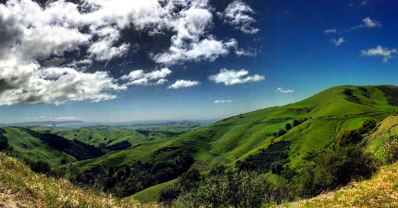 Panoramic view of rolling green hills under a partly cloudy sky, with patches of sunlight illuminating the landscape and dark forested valleys scattered throughout.