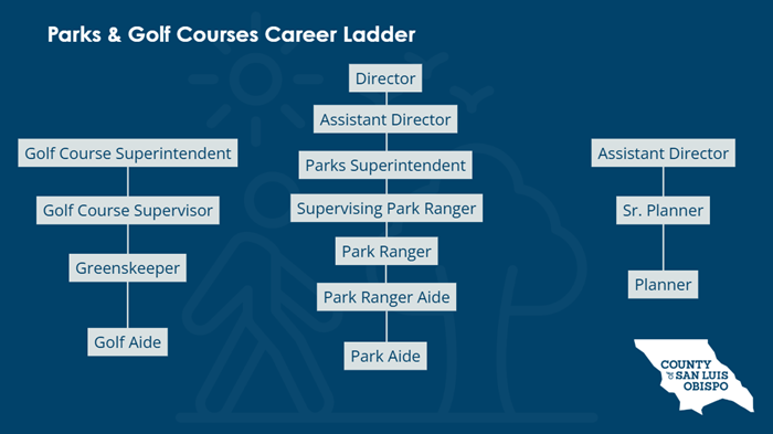 Career ladder for the parks and golf courses department. There are three ladders on the image. The leftmost ladder begins with golf aide and moves up through greenskeeper, golf course supervisor, and ends with golf course superintendent. The middle ladder begins with park aide and moves up through park ranger aide, park ranger, supervising park ranger, parks superintendent, assistant director, and ends with director. The right most ladder begins with planner and moves up through senior planner, ending with assistant director.