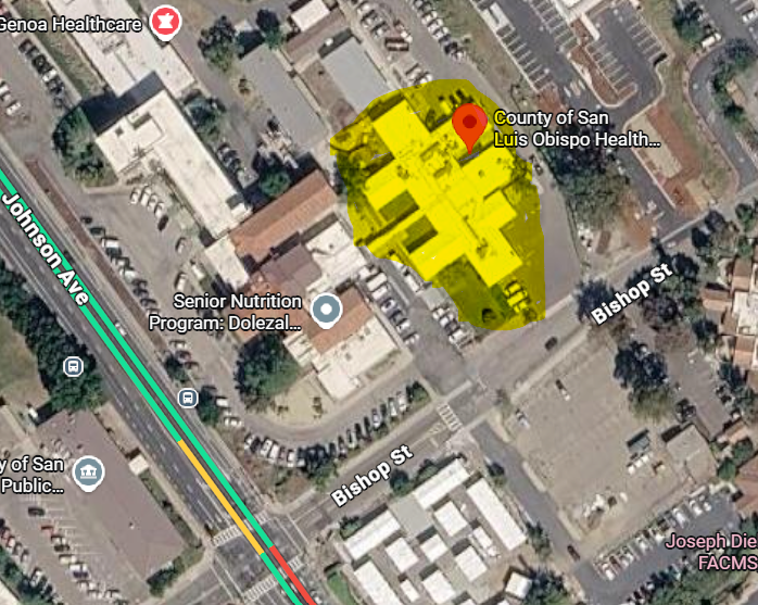 A satellite map highlighting a building near the intersection of Johnson Avenue and Bishop Street in San Luis Obispo, with the marked area shown in yellow.