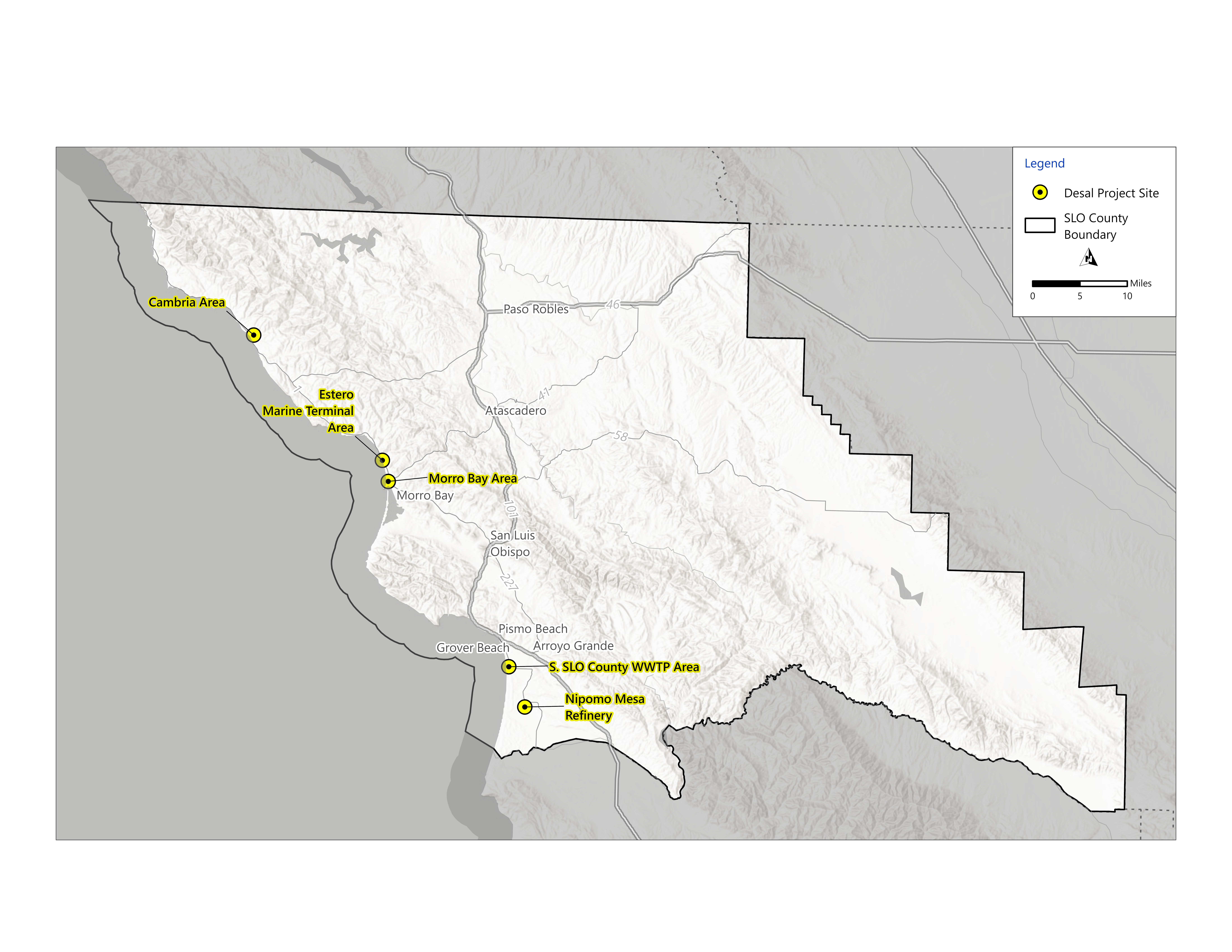 A map of SLO county showing five DESAL project sites/areas. These sites are Cambria Area, Estero Marine Terminal Area, Morro Bay Area, S. SLO County WWTP Area, and Nipomo Mesa Refinery.