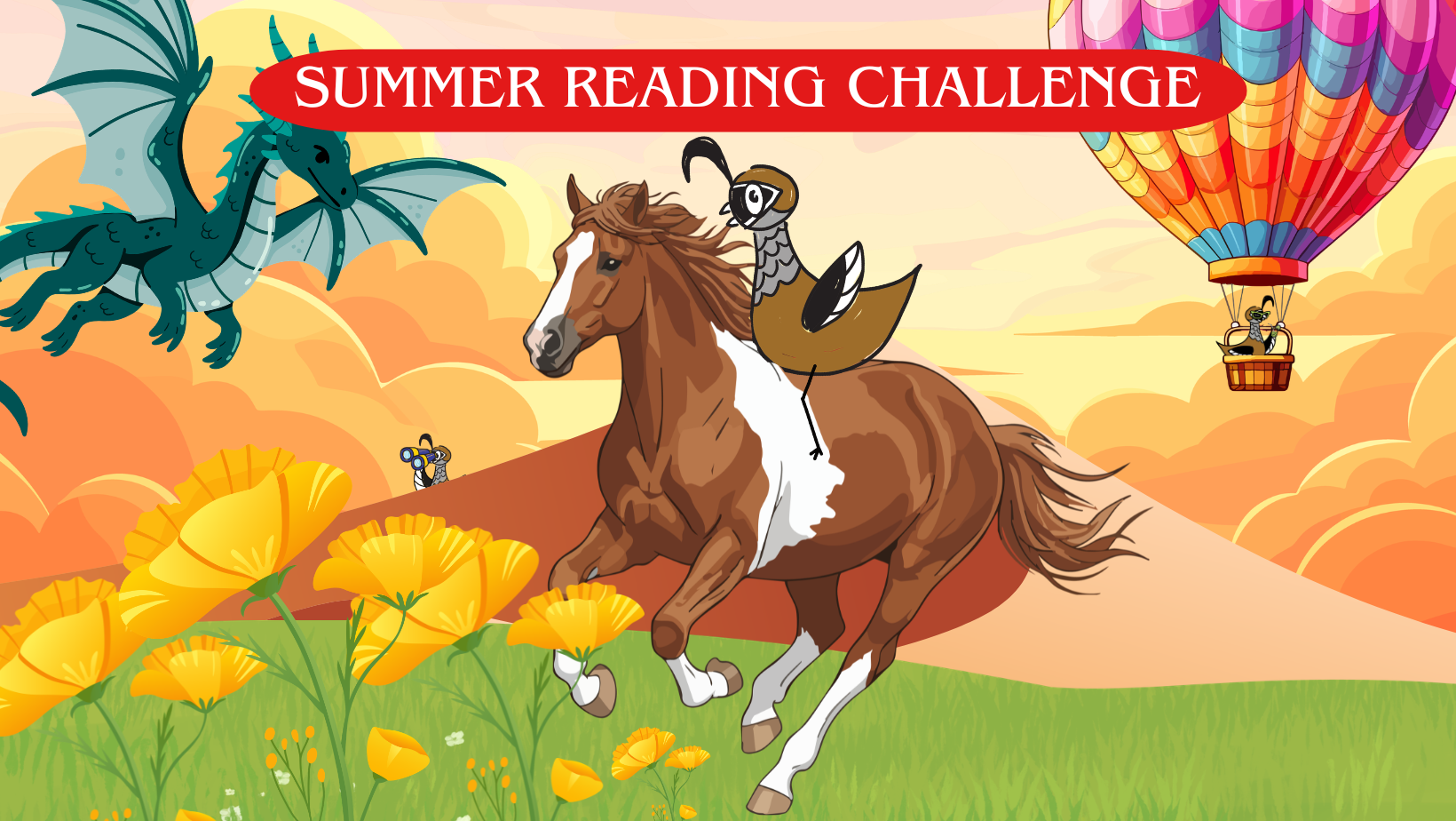 Summer Reading logo depicting Library's quail mascot riding a horse through a field with the text "Summer Reading Challenge".