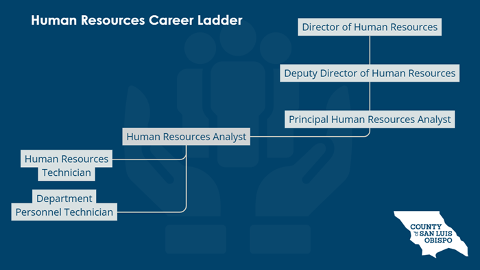 Career ladder for the human resources department. The ladder starts with the positions of human resources technician and department personnel technician, which both move up to human resources analyst. The ladder then moves up through principal human resources analyst, deputy director of human resources, and ends with director of human resources.