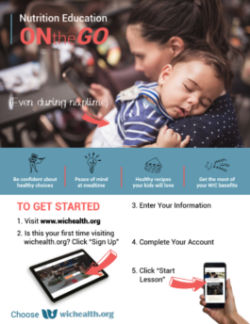 Parent hold napping baby in her arms and completing free, online nutrition education class on her phone