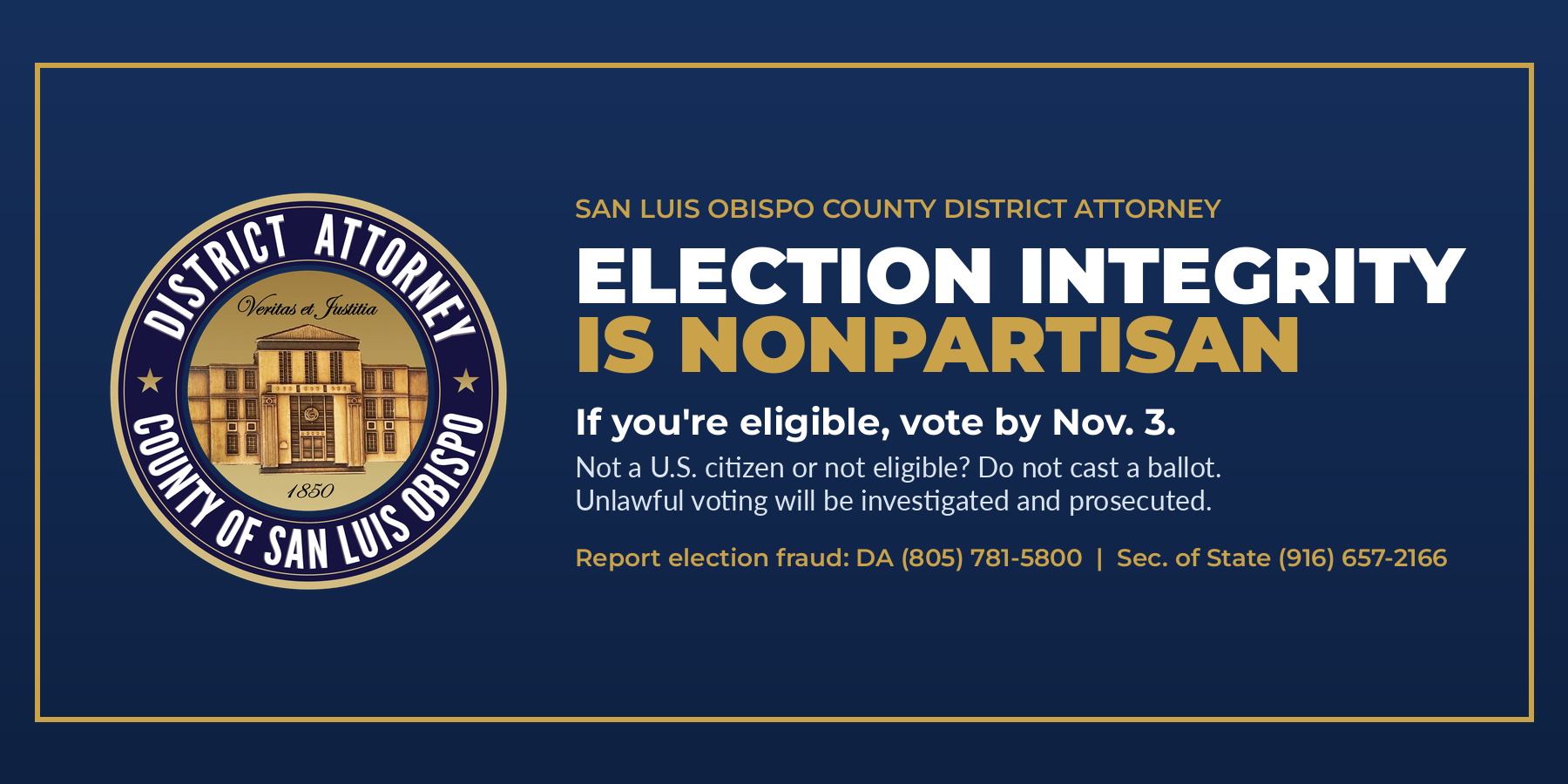 Election Integrity is Nonpartisan If you're eligible, vote by Nov. 3.  Not a U.S. citizen or not eligible?  Do not cast a ballot.  Unlawful voting will be investigated and prosecuted.