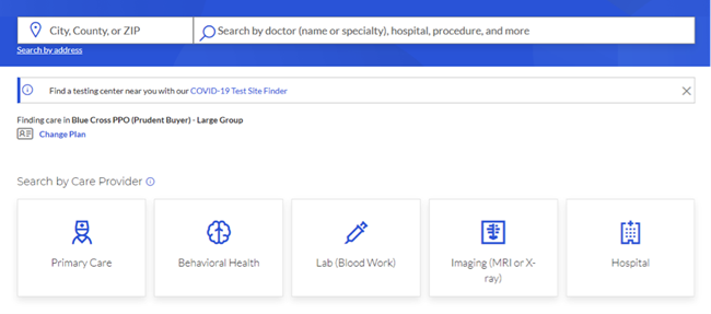 Screen shot showing questions to refine search and choose type of Care Provider to search.