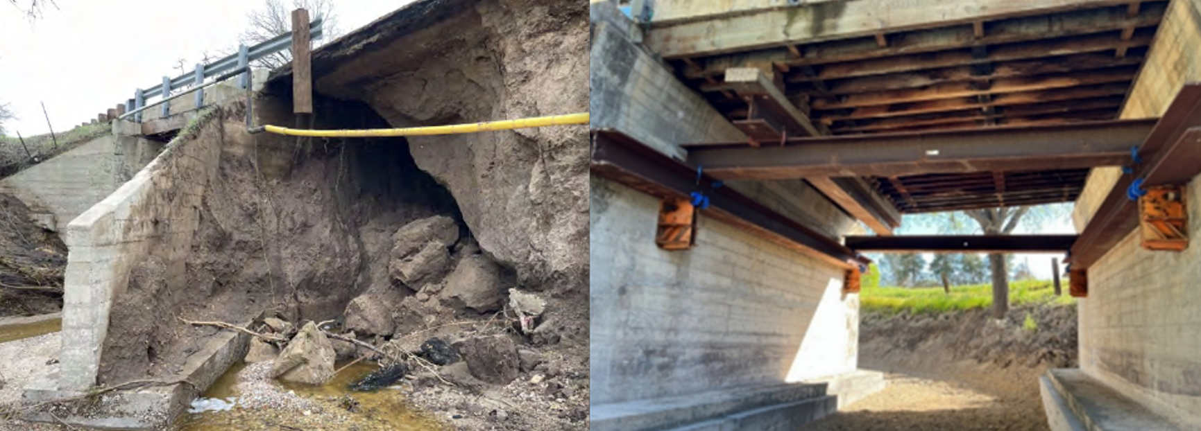 2023 Storm Damage at Quail Creek Bridge Detour (left) and existing temporary repairs at Quail Creek Bridge (right)