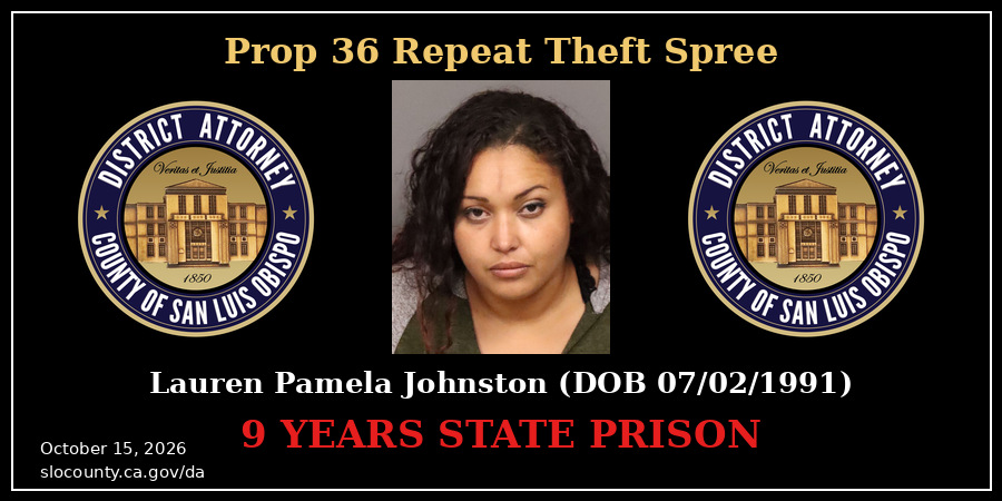 Prop 36, Repeat Theft Spree, nine years state prison. Photo: Lauren Pamela Johnston (DOB 07/02/1991), Booking Photo (12/10/2025)