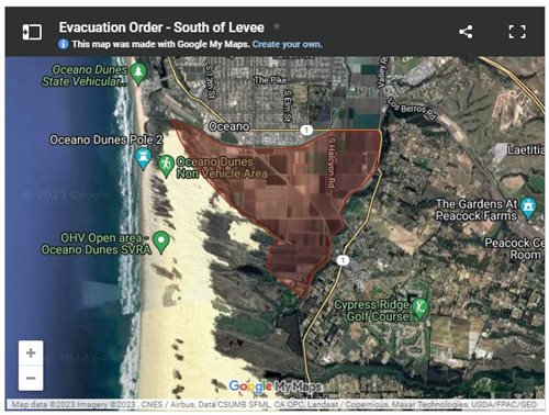Evacuation Order Area Click to view article, Evacuation Order Issued for Oceano Residents South of the Arroyo Grande Creek Levee