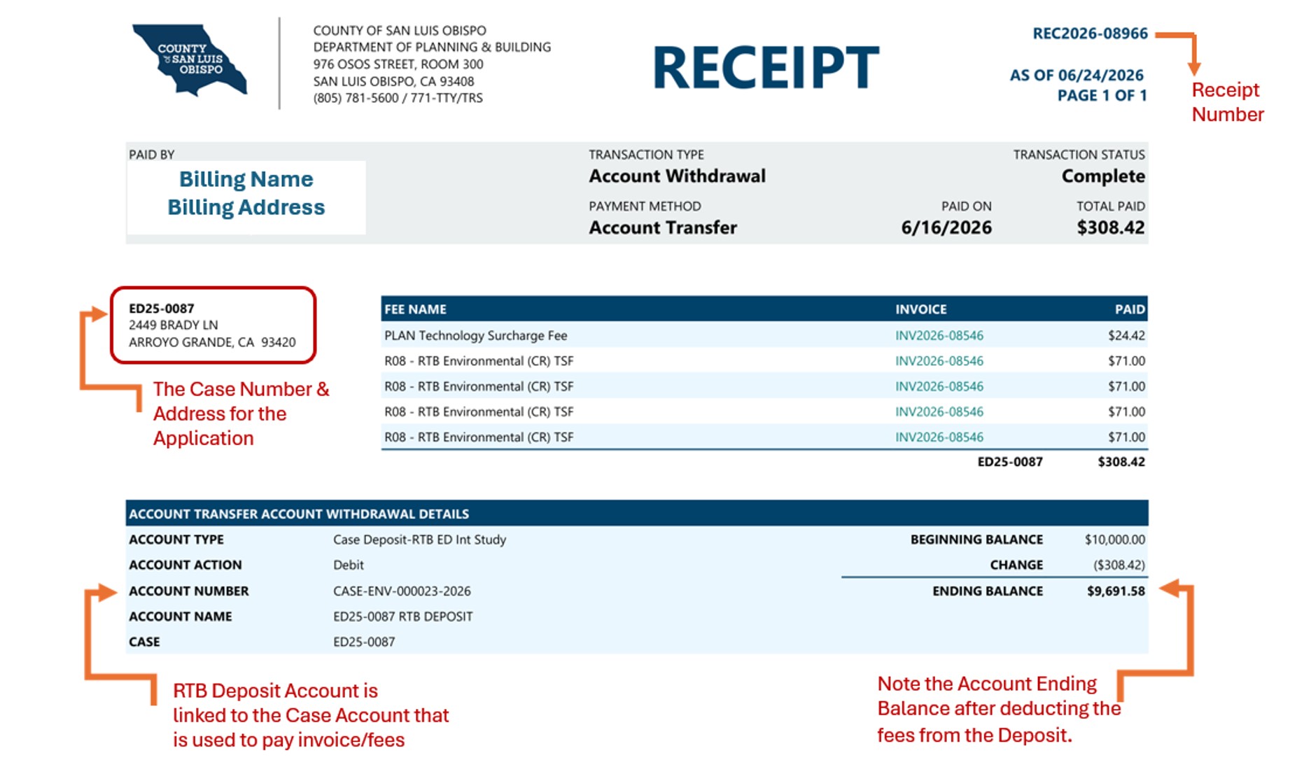 picture of receipt when invoiced fees are paid from RTB Account Deposit