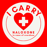 Red circle image with heart with first aid symbol that reads: I carry naloxone in case of overdose
