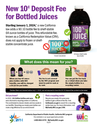 Infographic with bottled juice and frozen juice can and $.10 deposit fee paid to grocery stores