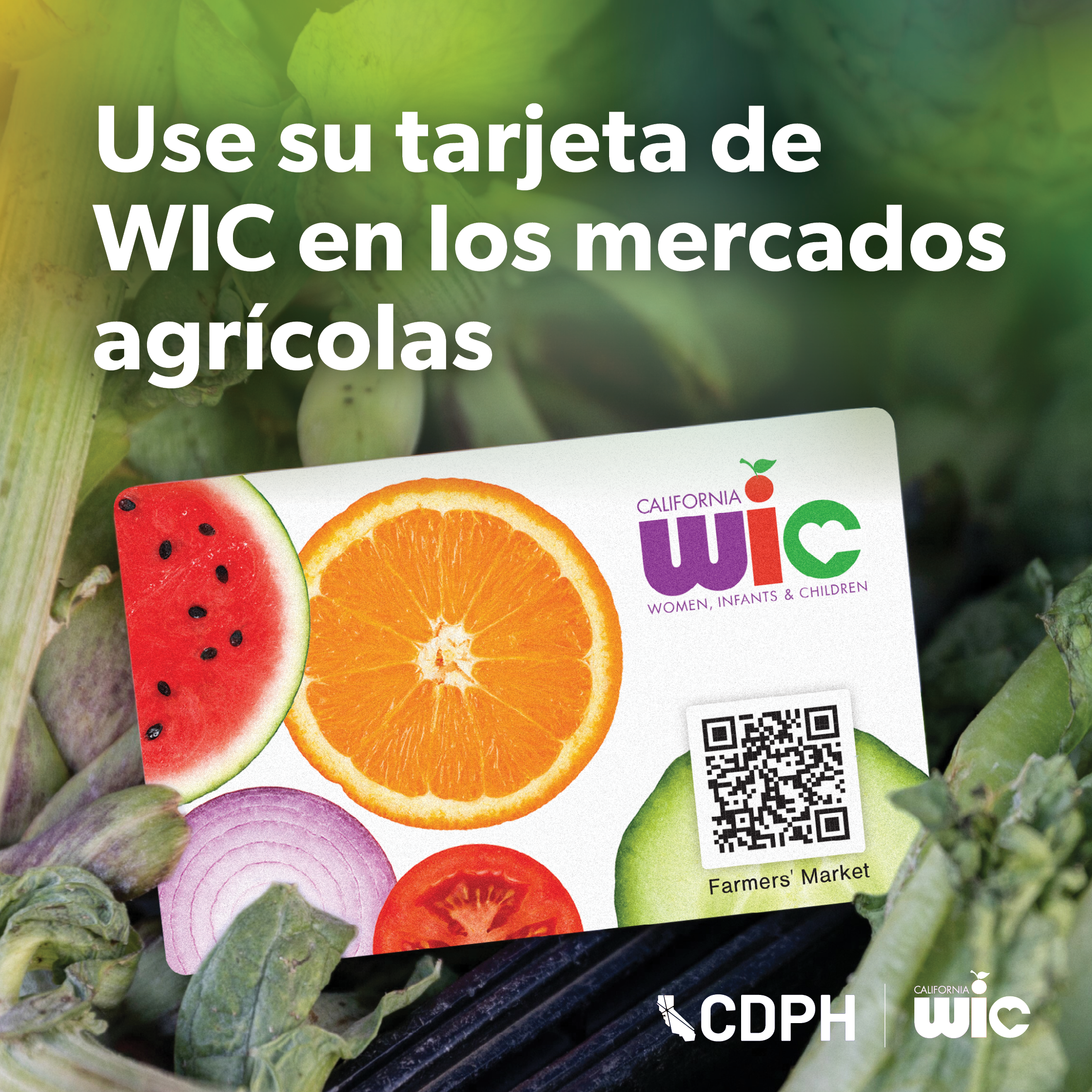 Tarjeta WIC con código QR rodeada de verduras